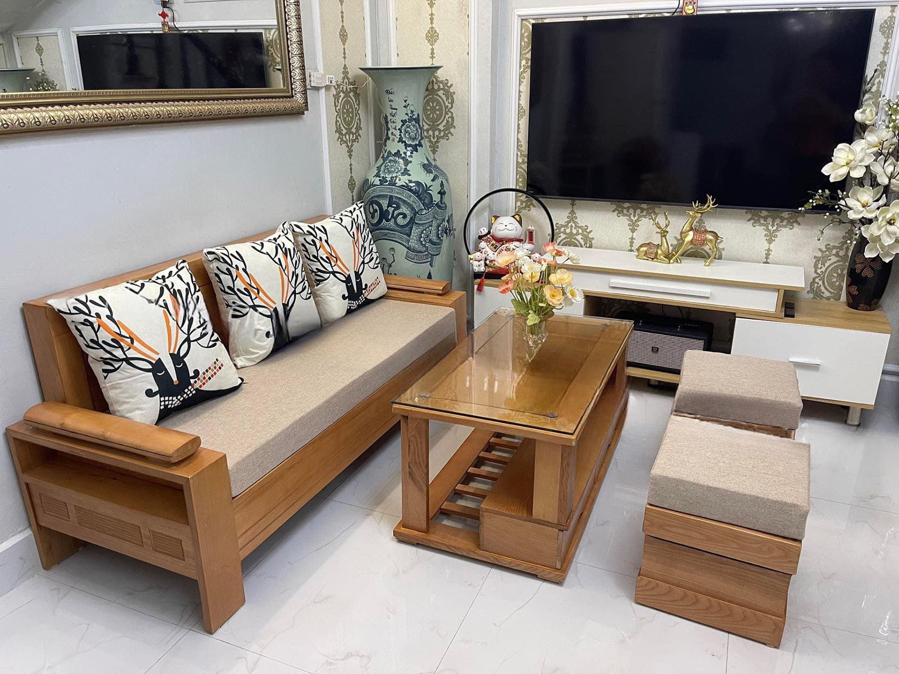 Bộ bàn ghế phòng khách sofa sa lông gỗ sồi giá rẻ